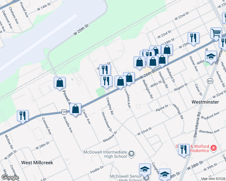 map of restaurants, bars, coffee shops, grocery stores, and more near 2470-2598 Border Dr in Erie