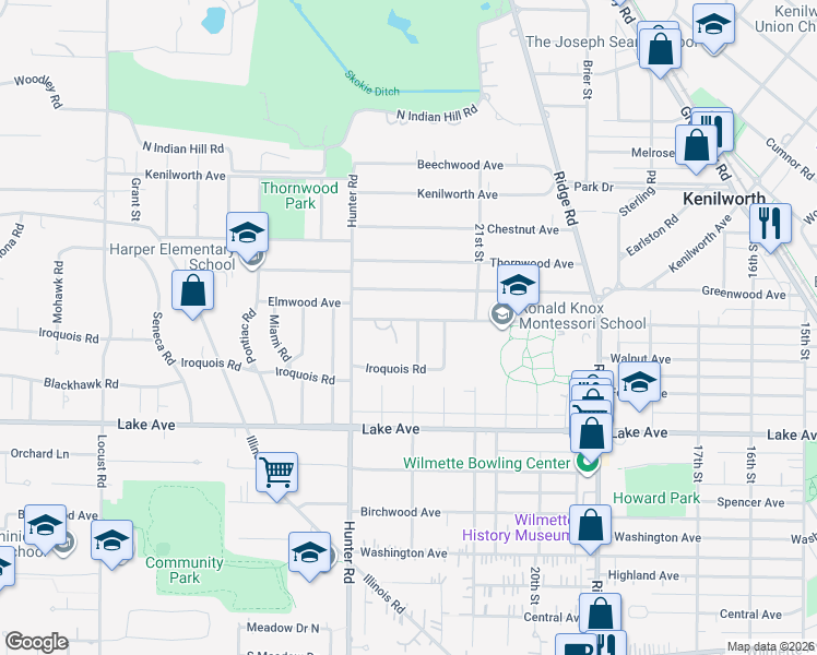 map of restaurants, bars, coffee shops, grocery stores, and more near 2210 Elmwood Avenue in Wilmette