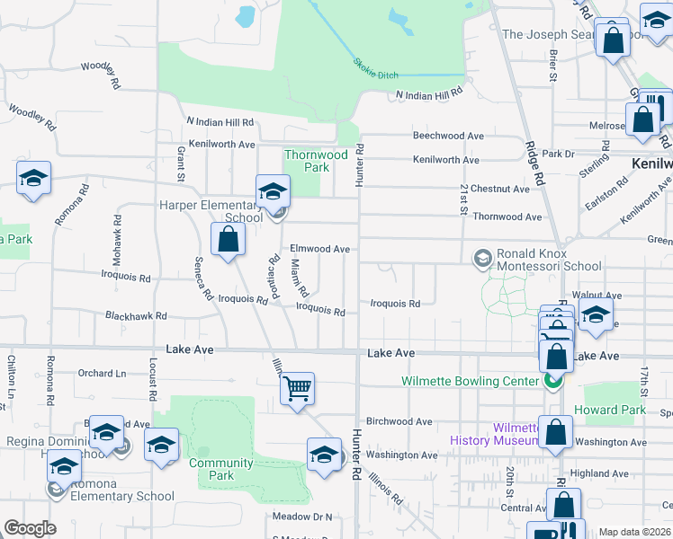 map of restaurants, bars, coffee shops, grocery stores, and more near 1051 Cherokee Road in Wilmette