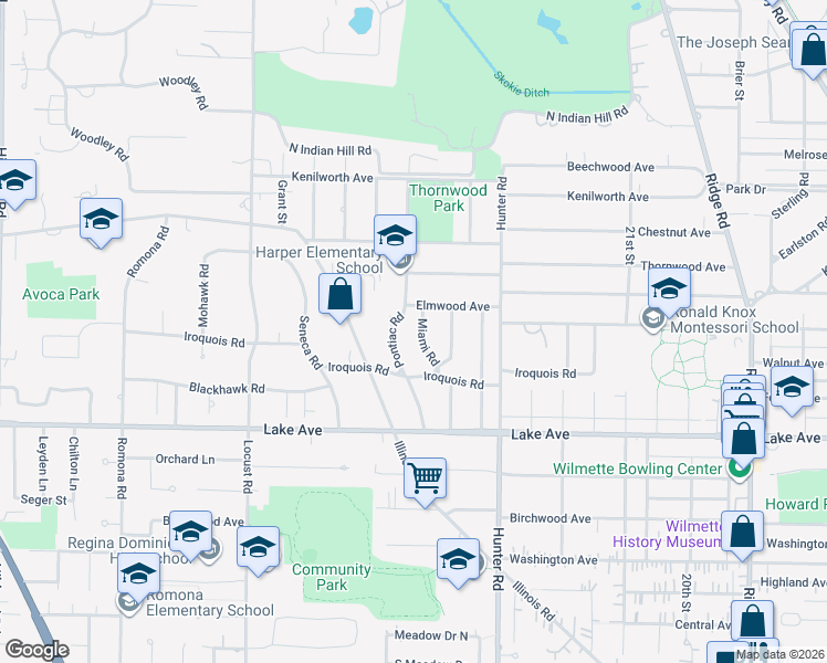 map of restaurants, bars, coffee shops, grocery stores, and more near 1050 Miami Road in Wilmette
