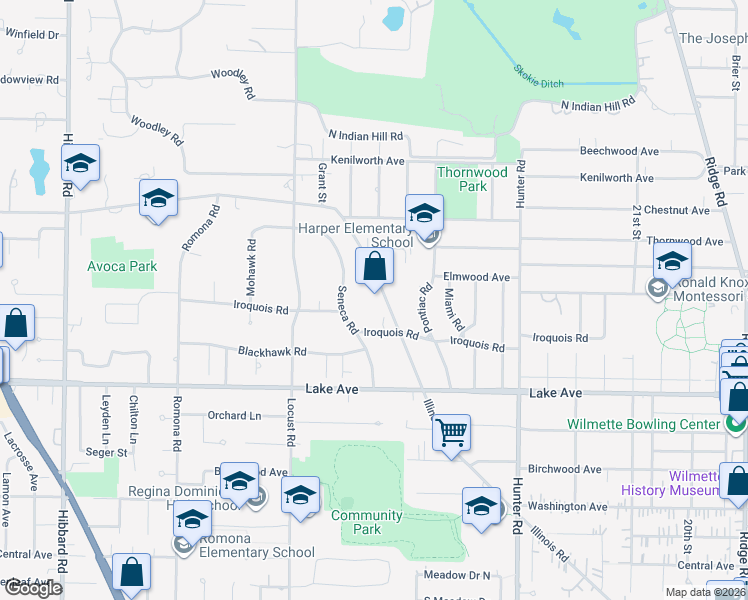 map of restaurants, bars, coffee shops, grocery stores, and more near 1044 Illinois Road in Wilmette