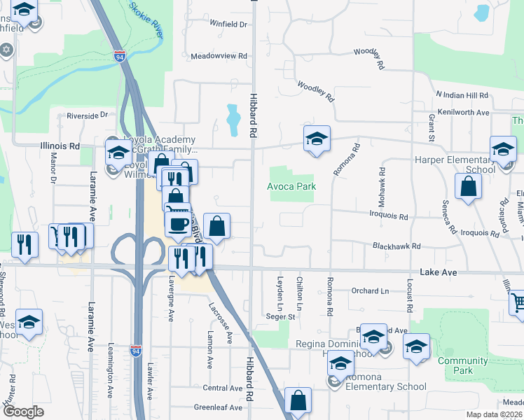 map of restaurants, bars, coffee shops, grocery stores, and more near 1036 Hibbard Road in Wilmette