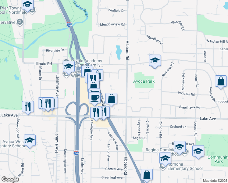 map of restaurants, bars, coffee shops, grocery stores, and more near 3120 Walden Lane in Wilmette