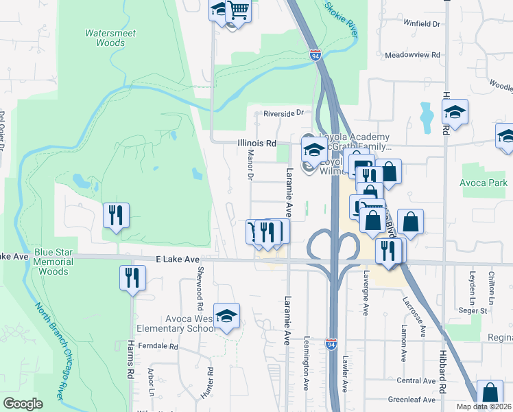 map of restaurants, bars, coffee shops, grocery stores, and more near 1030 Manor Drive in Wilmette
