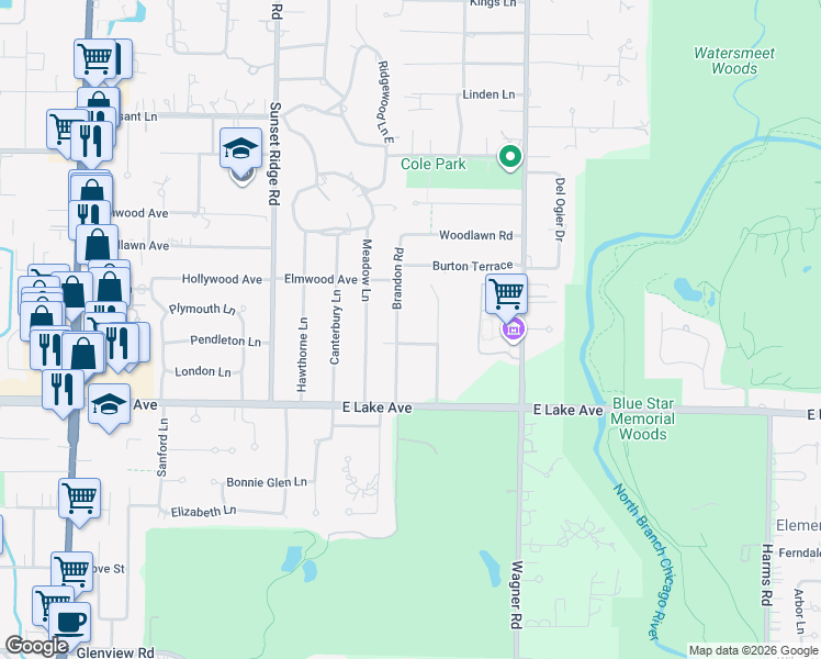 map of restaurants, bars, coffee shops, grocery stores, and more near 1540 Brandon Road in Glenview