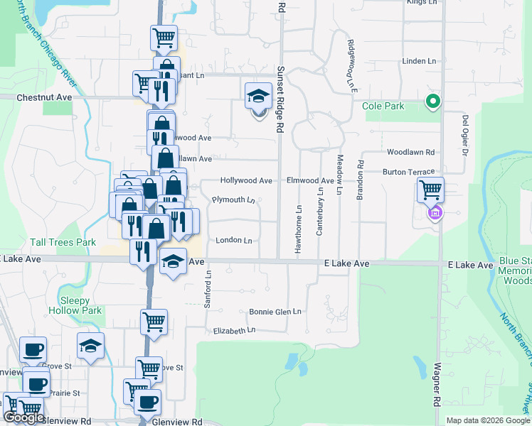 map of restaurants, bars, coffee shops, grocery stores, and more near 1514 Evergreen Terrace in Glenview