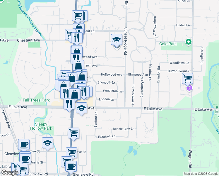 map of restaurants, bars, coffee shops, grocery stores, and more near 1403 Plymouth Lane in Glenview