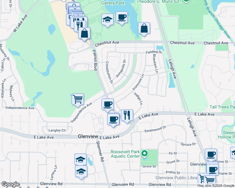 map of restaurants, bars, coffee shops, grocery stores, and more near 1518 Constitution Drive in Glenview