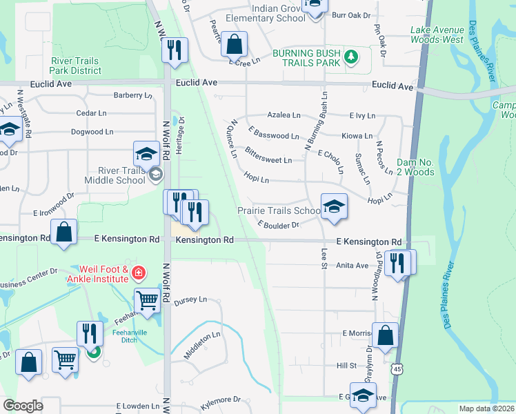 map of restaurants, bars, coffee shops, grocery stores, and more near 1804 East Apache Lane in Mount Prospect