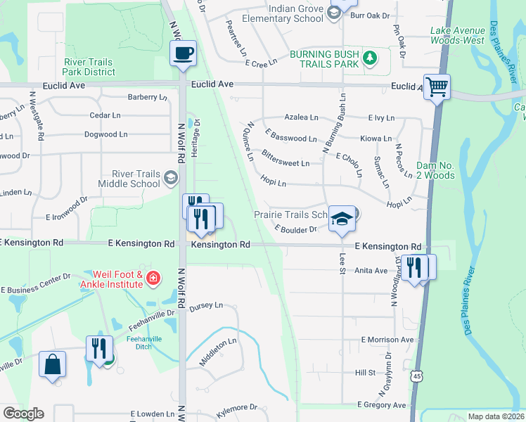 map of restaurants, bars, coffee shops, grocery stores, and more near 1803 East Boulder Drive in Mount Prospect