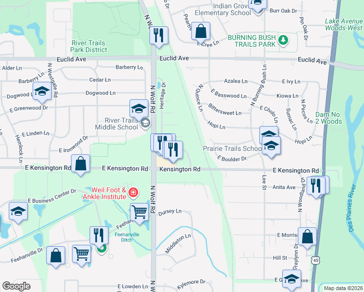 map of restaurants, bars, coffee shops, grocery stores, and more near 1715 Freedom Court in Mount Prospect