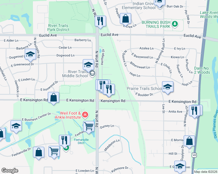 map of restaurants, bars, coffee shops, grocery stores, and more near 1707 Freedom Court in Mount Prospect