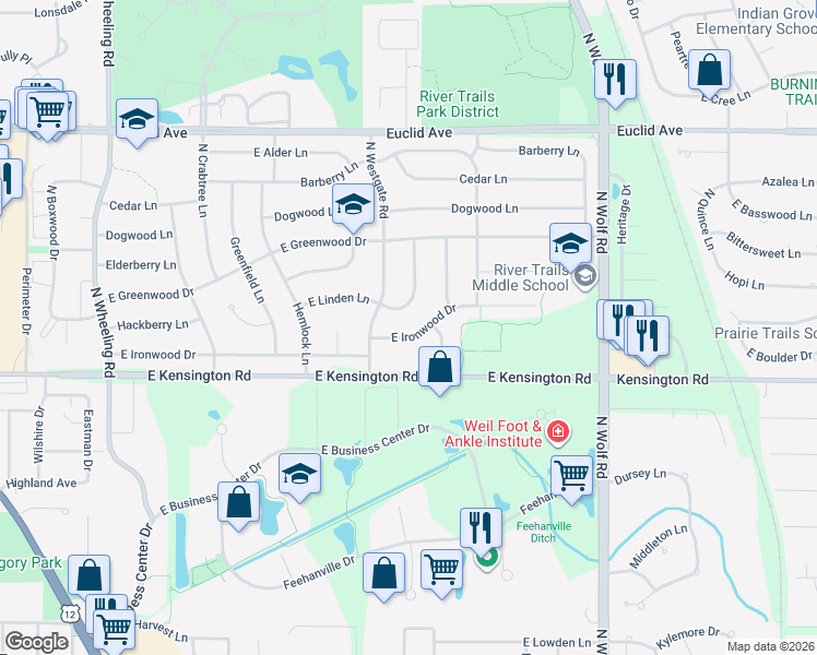map of restaurants, bars, coffee shops, grocery stores, and more near 1311 East Mulberry Lane in Mount Prospect