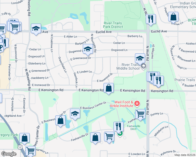 map of restaurants, bars, coffee shops, grocery stores, and more near 1301 East Mulberry Lane in Mount Prospect
