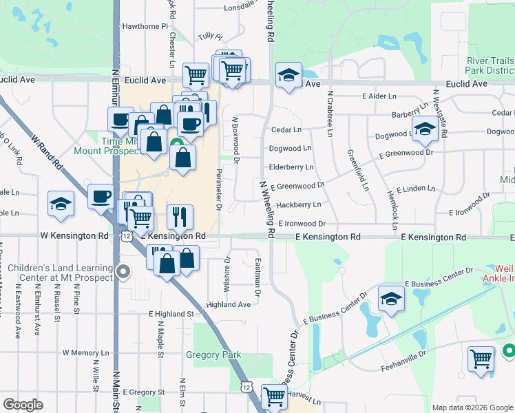 map of restaurants, bars, coffee shops, grocery stores, and more near 1010 North Wheeling Road in Mount Prospect