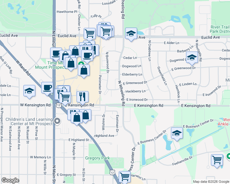 map of restaurants, bars, coffee shops, grocery stores, and more near 1010 North Wheeling Road in Mount Prospect