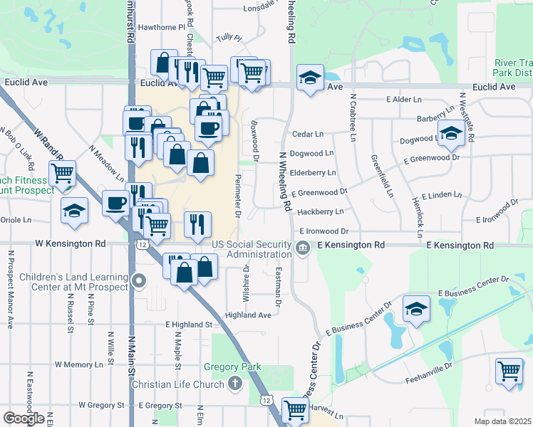 map of restaurants, bars, coffee shops, grocery stores, and more near 1010 North Wheeling Road in Mount Prospect