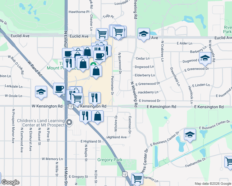 map of restaurants, bars, coffee shops, grocery stores, and more near 1006 North Boxwood Drive in Mount Prospect