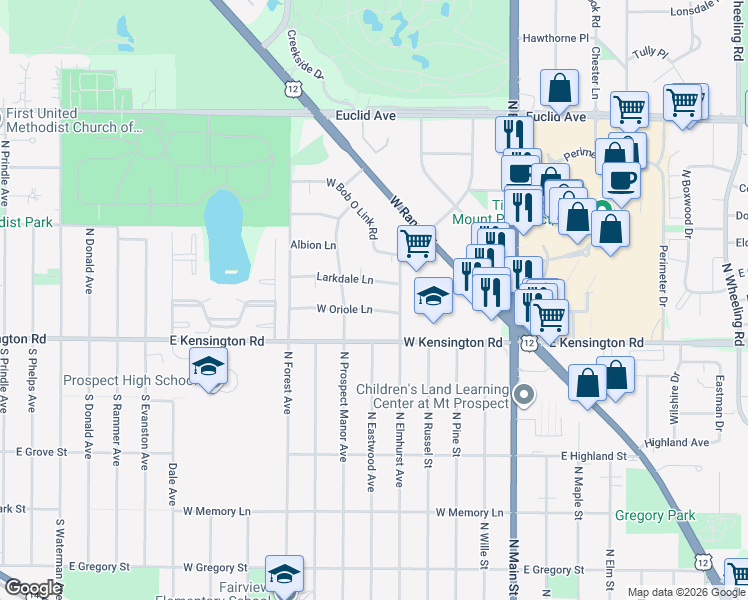 map of restaurants, bars, coffee shops, grocery stores, and more near 423 Larkdale Lane in Mount Prospect