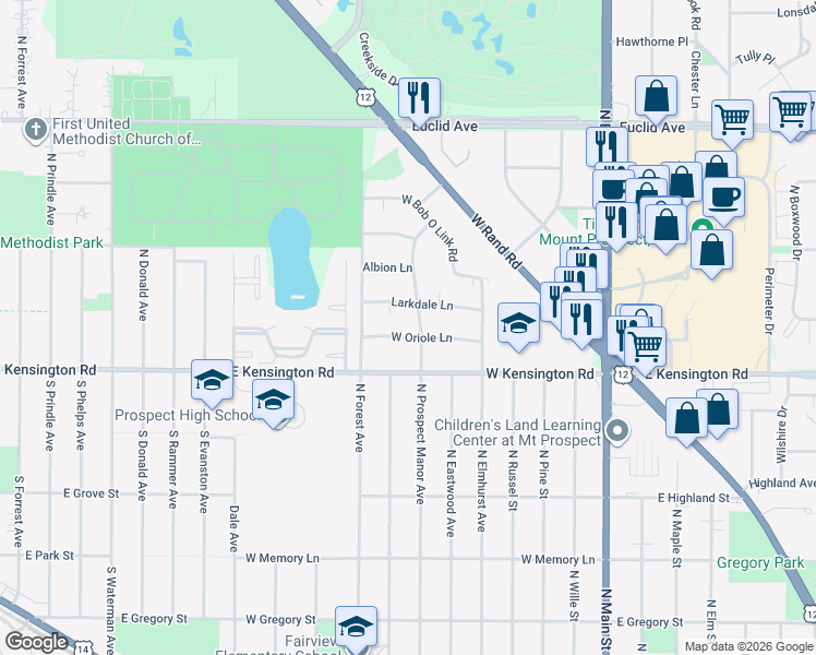map of restaurants, bars, coffee shops, grocery stores, and more near 609 Larkdale Lane in Mount Prospect