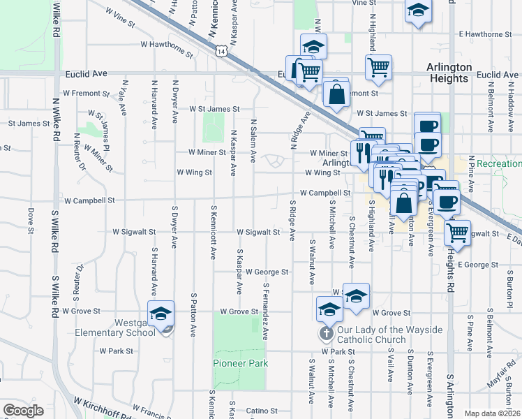 map of restaurants, bars, coffee shops, grocery stores, and more near 619 West Campbell Street in Arlington Heights
