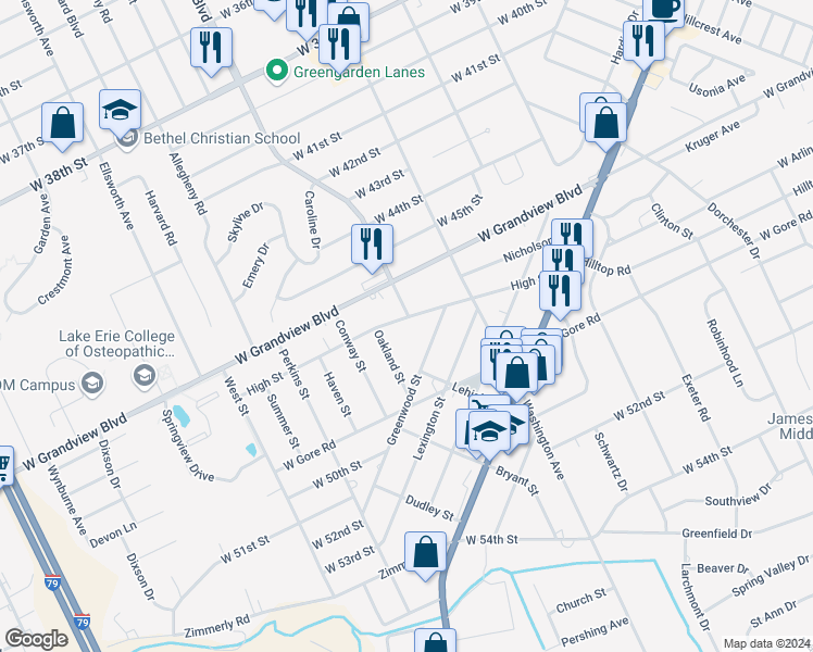 map of restaurants, bars, coffee shops, grocery stores, and more near 1601 High Street in Erie