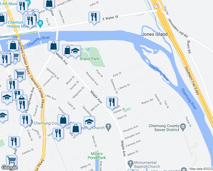 map of restaurants, bars, coffee shops, grocery stores, and more near 461 Livingston Street in Elmira