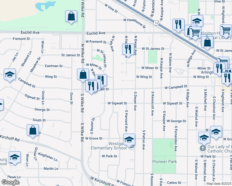 map of restaurants, bars, coffee shops, grocery stores, and more near 3 South Yale Avenue in Arlington Heights