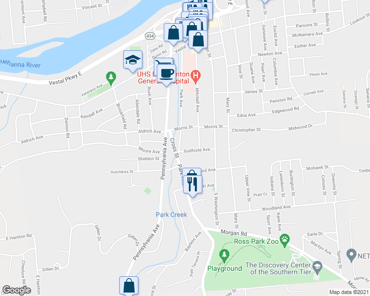 map of restaurants, bars, coffee shops, grocery stores, and more near 89 Park Avenue in Binghamton