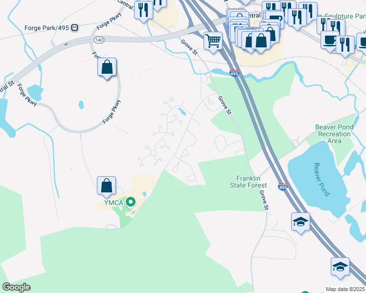 map of restaurants, bars, coffee shops, grocery stores, and more near 8 Emerson Way in Franklin