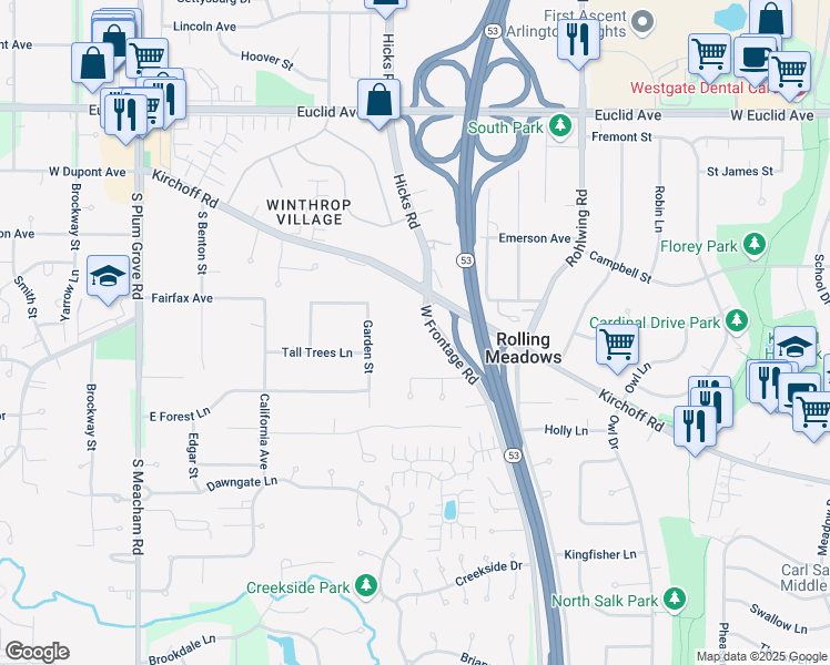 map of restaurants, bars, coffee shops, grocery stores, and more near 2600 Brookwood Way Drive in Rolling Meadows