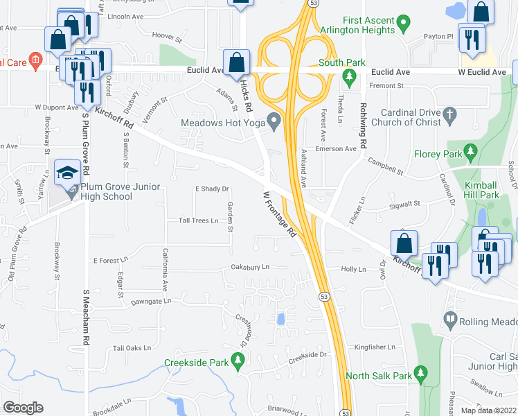 map of restaurants, bars, coffee shops, grocery stores, and more near 2600 Brookwood Way Drive in Rolling Meadows
