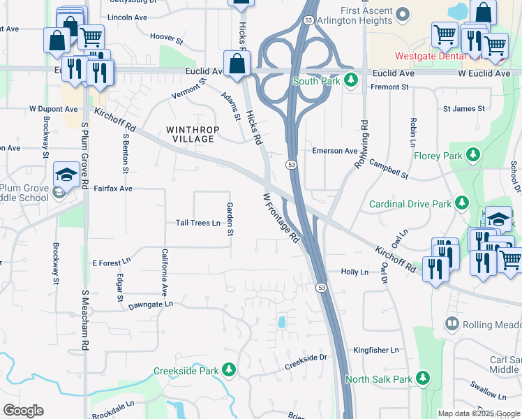 map of restaurants, bars, coffee shops, grocery stores, and more near 2600 Brookwood Way Drive in Rolling Meadows