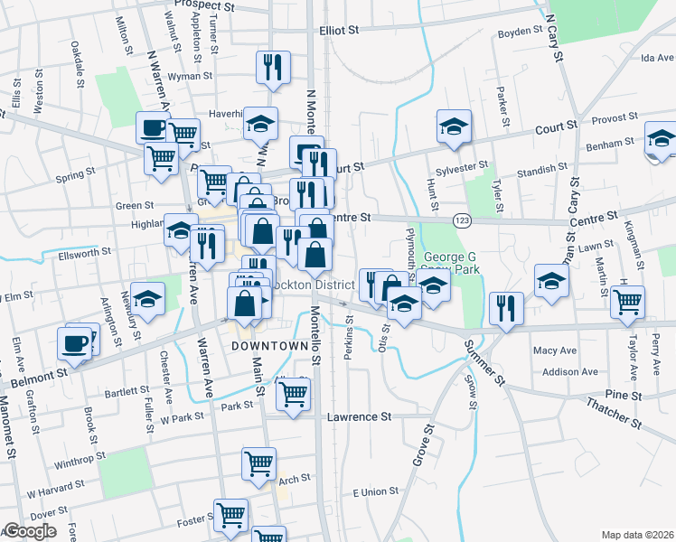 map of restaurants, bars, coffee shops, grocery stores, and more near 140 School Street in Brockton