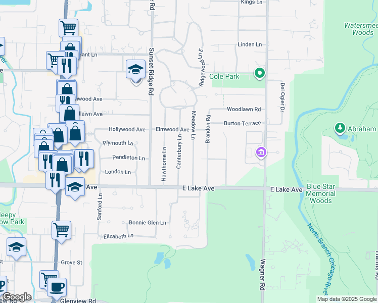 map of restaurants, bars, coffee shops, grocery stores, and more near 1522 Meadow Lane in Glenview