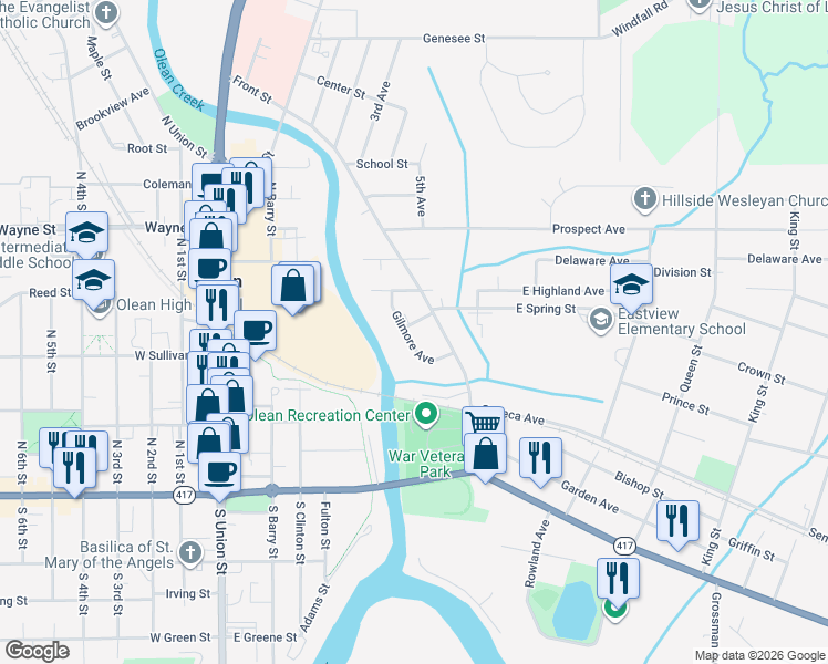 map of restaurants, bars, coffee shops, grocery stores, and more near 109 Spring Street in Olean