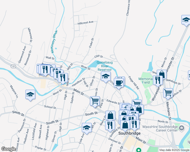 map of restaurants, bars, coffee shops, grocery stores, and more near 392 Hamilton Street in Southbridge