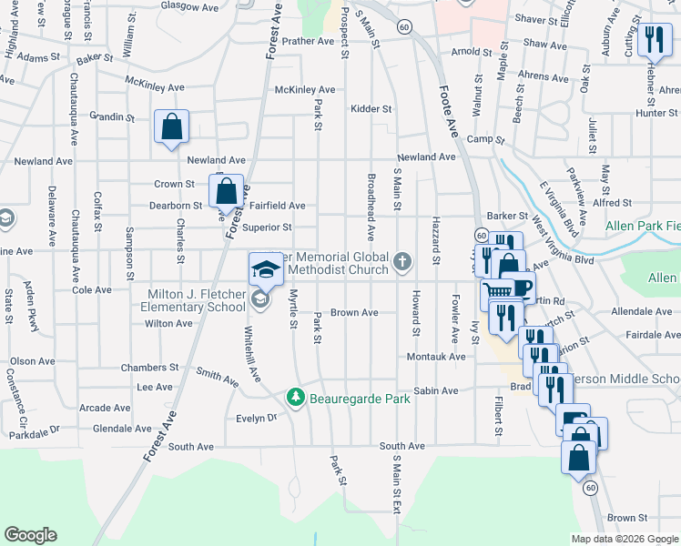 map of restaurants, bars, coffee shops, grocery stores, and more near 272 Prospect Street in Jamestown