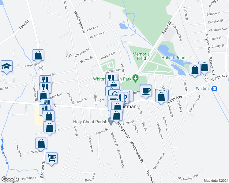 map of restaurants, bars, coffee shops, grocery stores, and more near 642 Washington Street in Whitman