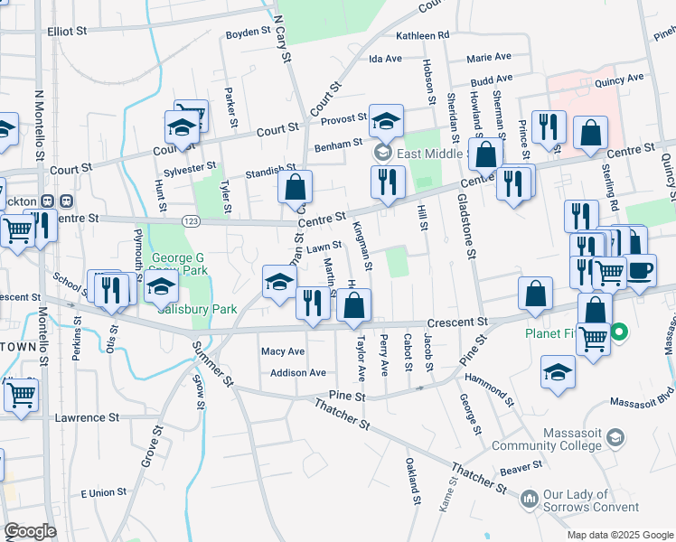 map of restaurants, bars, coffee shops, grocery stores, and more near 14 Henry Street in Brockton
