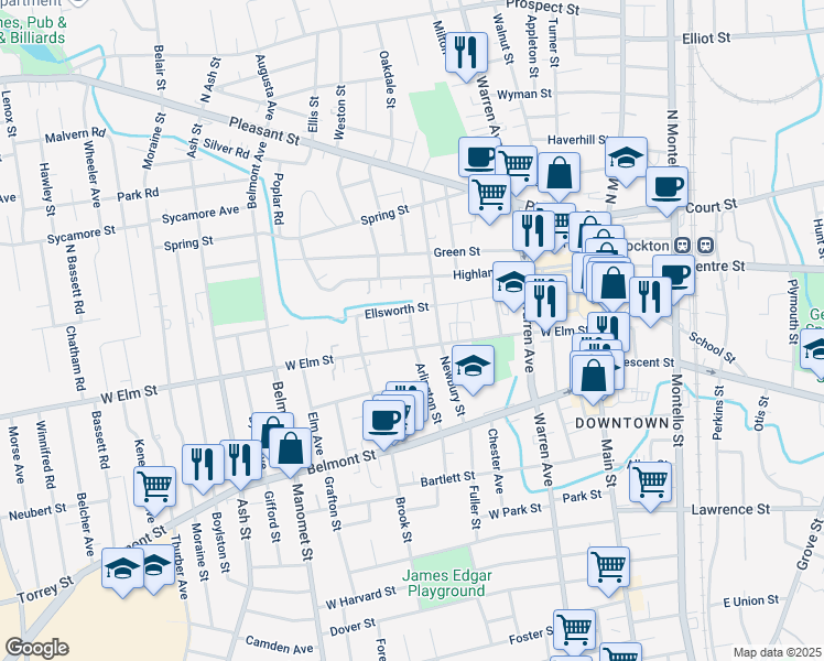 map of restaurants, bars, coffee shops, grocery stores, and more near 7 North Arlington Street in Brockton