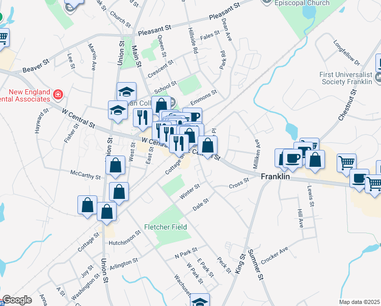 map of restaurants, bars, coffee shops, grocery stores, and more near 4 East Central Street in Franklin
