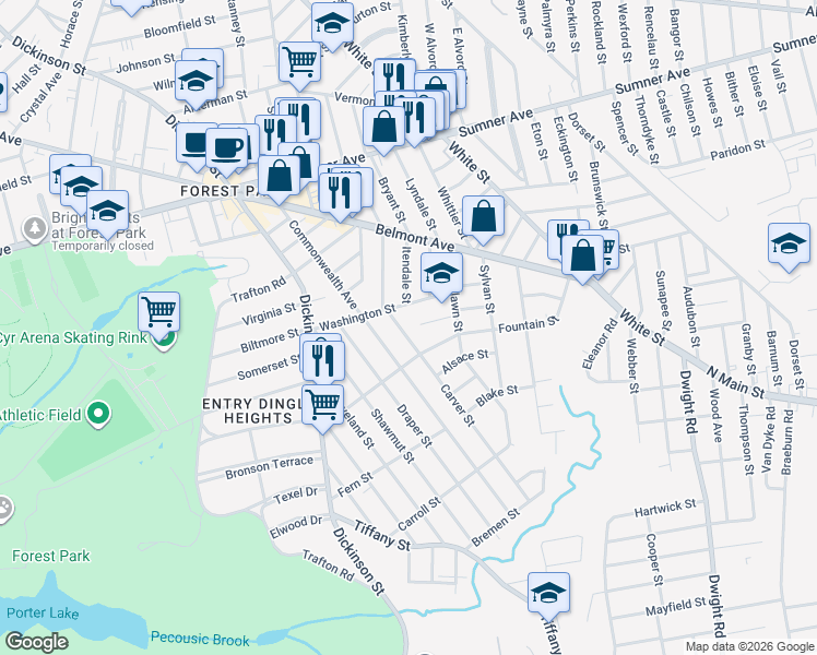 map of restaurants, bars, coffee shops, grocery stores, and more near 2 Carlton Street in Springfield