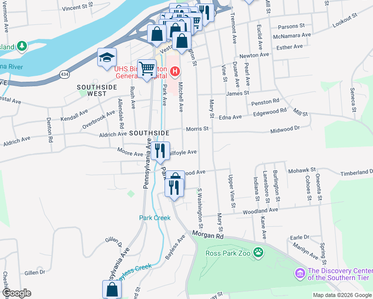 map of restaurants, bars, coffee shops, grocery stores, and more near 93 Mitchell Avenue in Binghamton