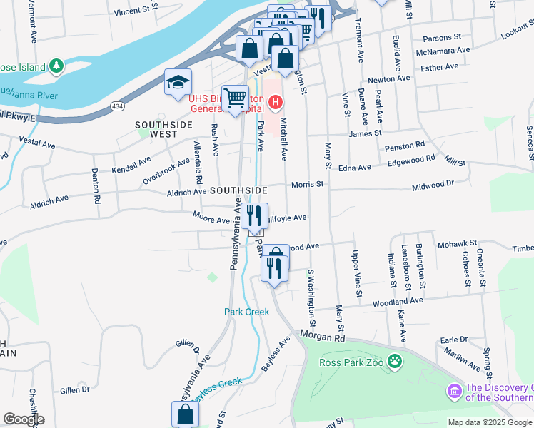 map of restaurants, bars, coffee shops, grocery stores, and more near 83 County Road 121 in Binghamton