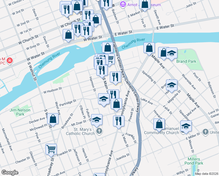 map of restaurants, bars, coffee shops, grocery stores, and more near 301-307 South Main Street in Elmira