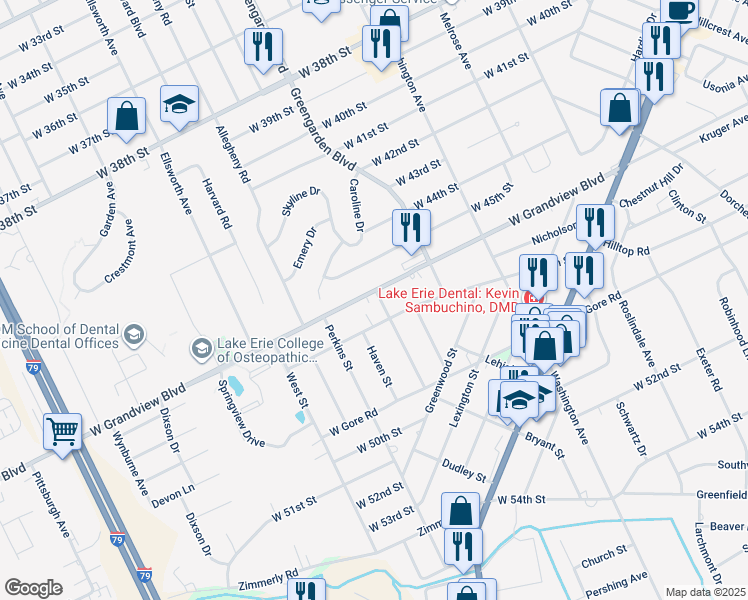 map of restaurants, bars, coffee shops, grocery stores, and more near 1658 West Grandview Boulevard in Erie