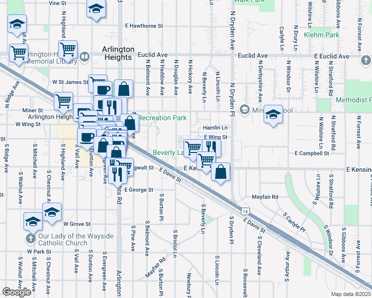 map of restaurants, bars, coffee shops, grocery stores, and more near 24 N Hickory Ave in Arlington Heights