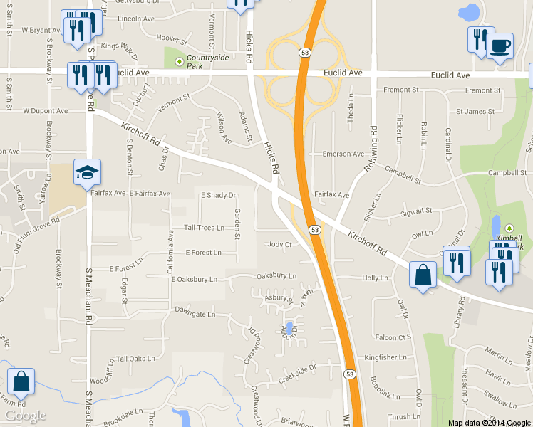 map of restaurants, bars, coffee shops, grocery stores, and more near 2600 Brookwood Way Drive in Rolling Meadows