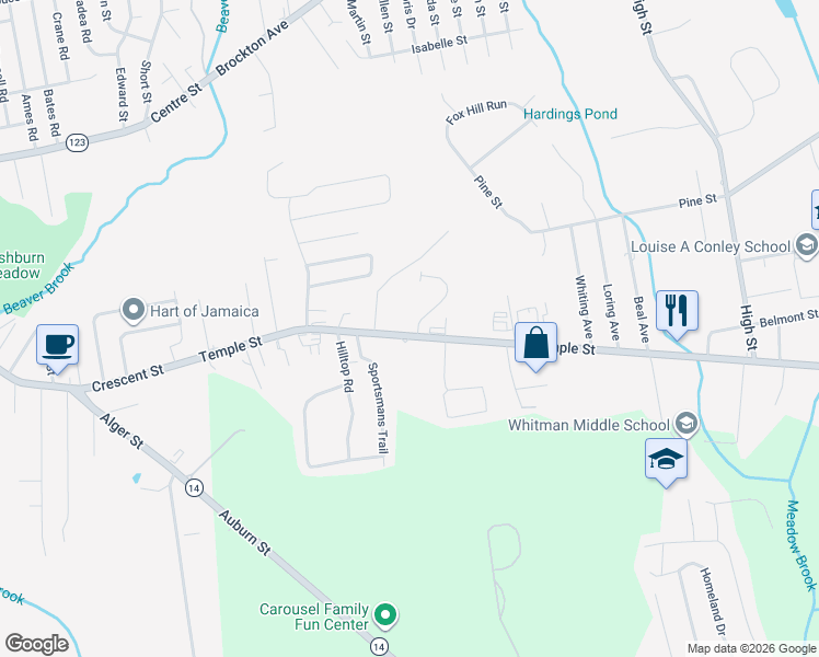 map of restaurants, bars, coffee shops, grocery stores, and more near 855 Temple Street in Whitman